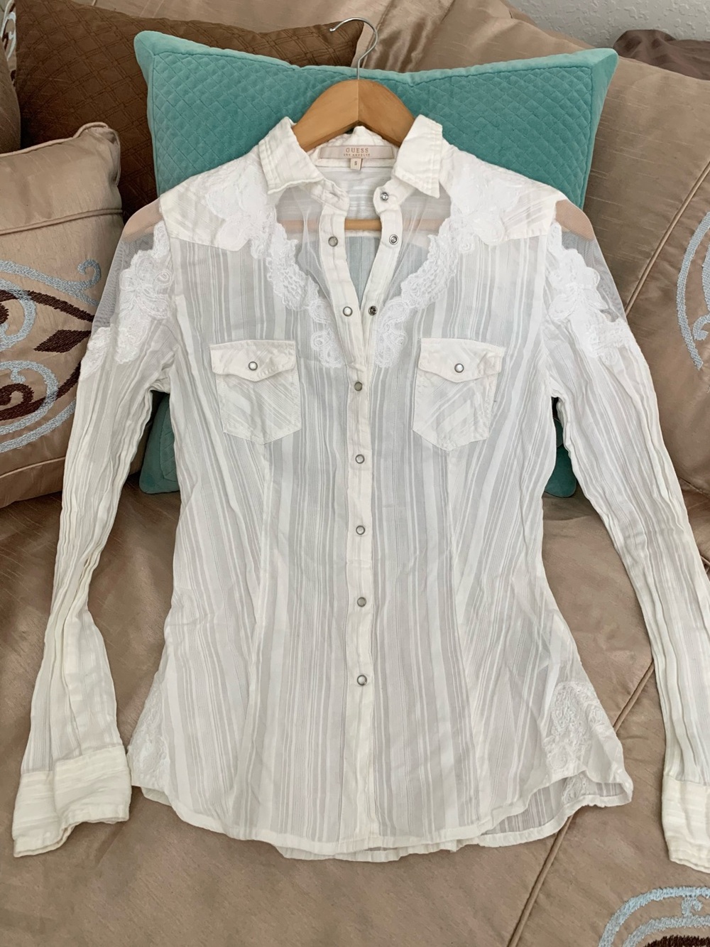 Guess White Lace-Trim Western Button-Down Shirt Size S
